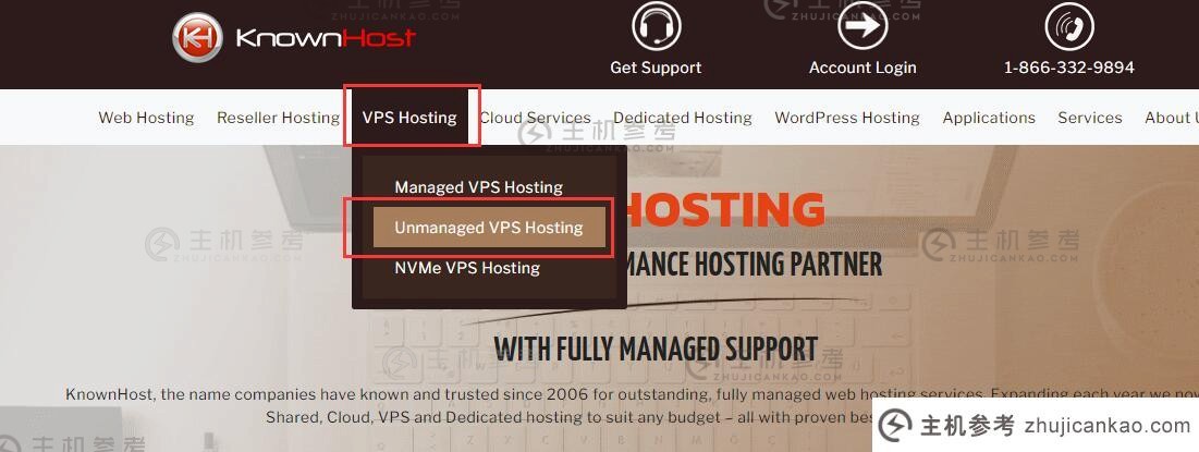 KnownHost VPS 购买 - 在主页上，选择非托管 VPS。