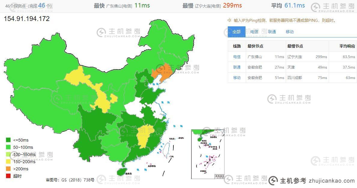 ZJI香港VDS评测-全国3个网络平均ping延时测试